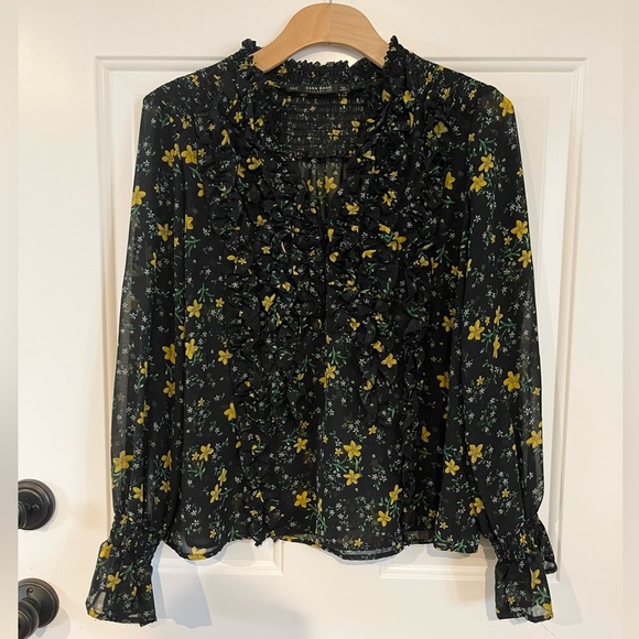 Zara sheer black and yellow floral print blouse - Picture 2 of 4